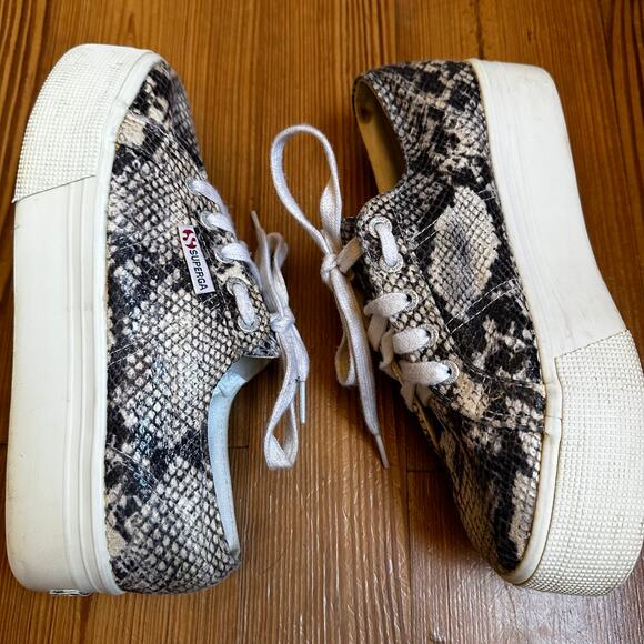 Superga gray cream snakeskin upper platform lace low top sneakers SIZE 7 - Picture 3 of 6